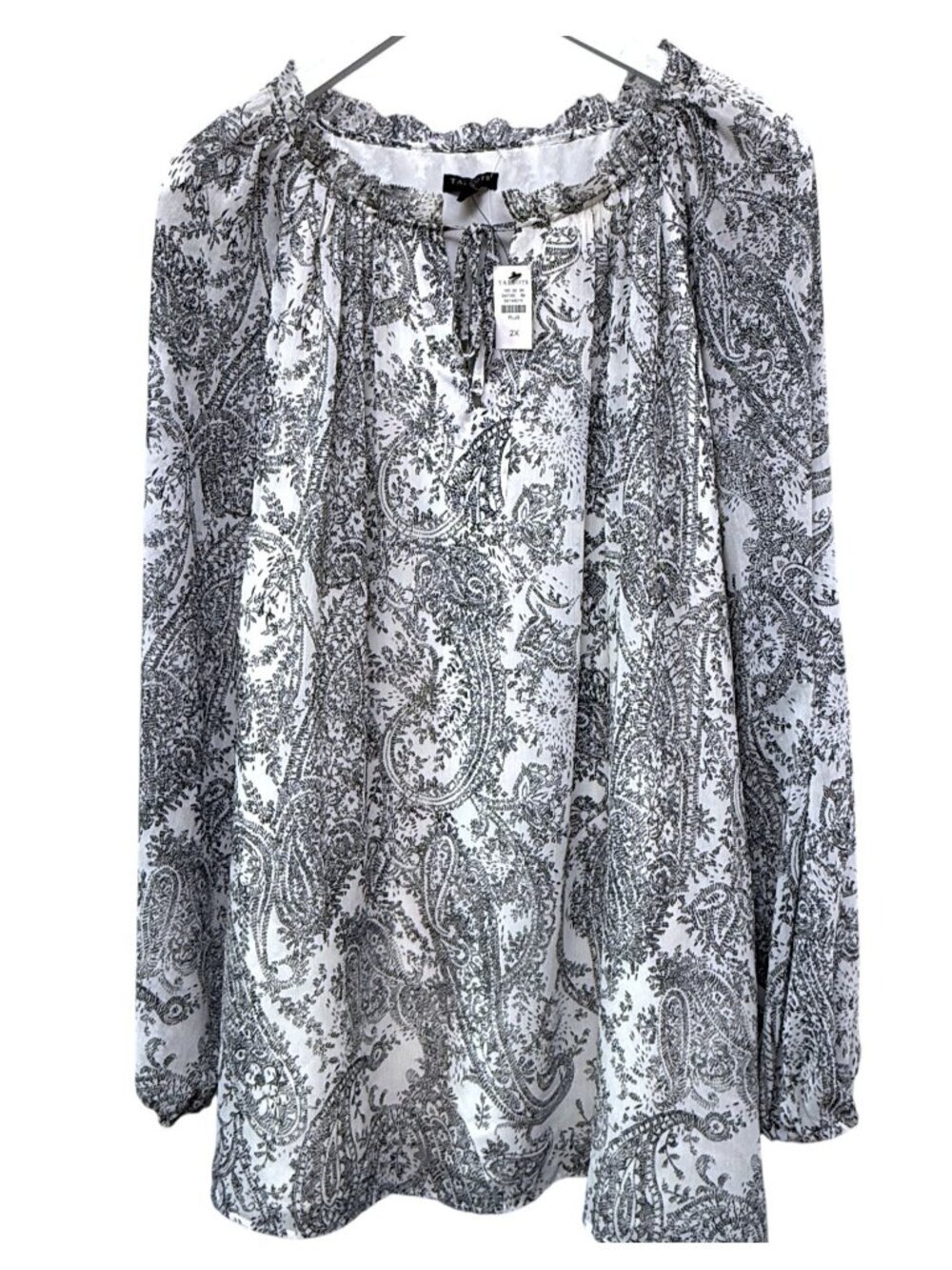 NEW Talbots Paisley Blouse Plus Size 2X White Black Chiffon Womens Peasant Top